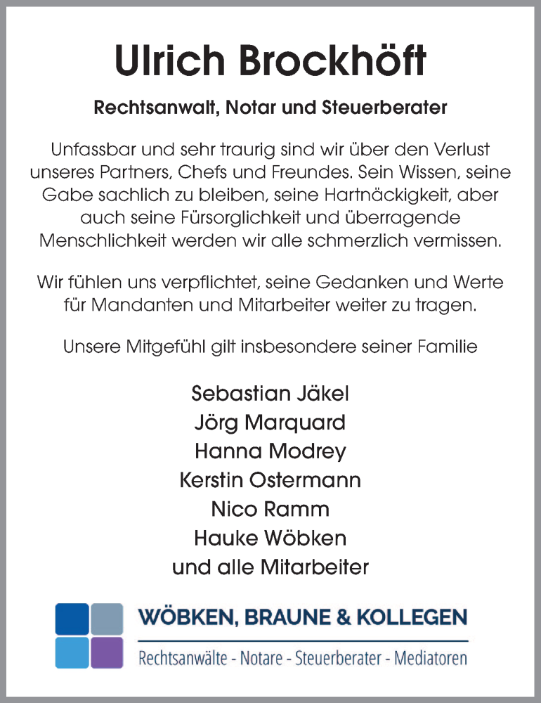  Traueranzeige für Ulrich Brockhöft vom 16.09.2023 aus LZ