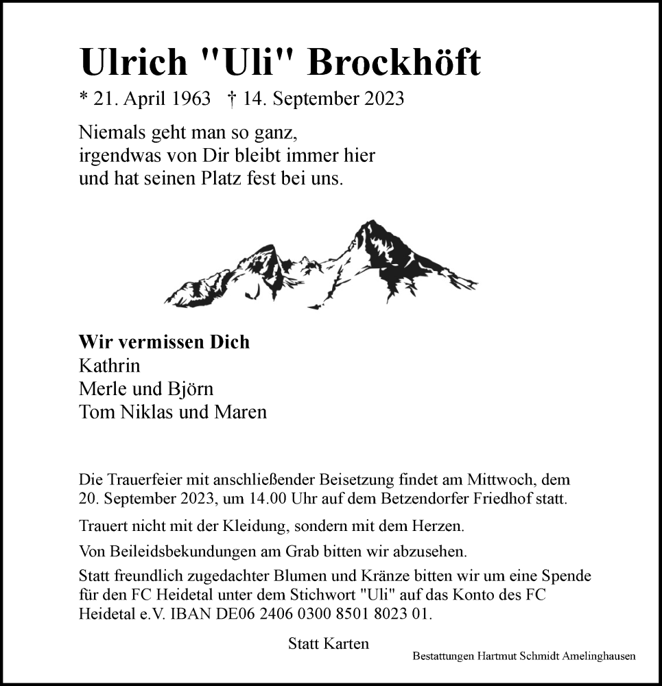  Traueranzeige für Ulrich Brockhöft vom 16.09.2023 aus LZ