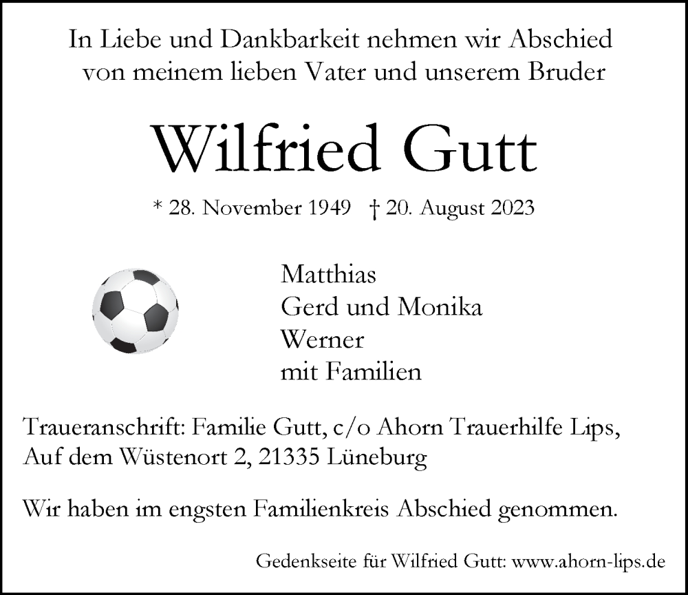  Traueranzeige für Wilfried Gutt vom 02.09.2023 aus LZ