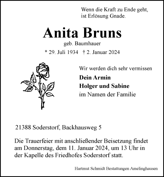 Anzeige von Anita Bruns von LZ