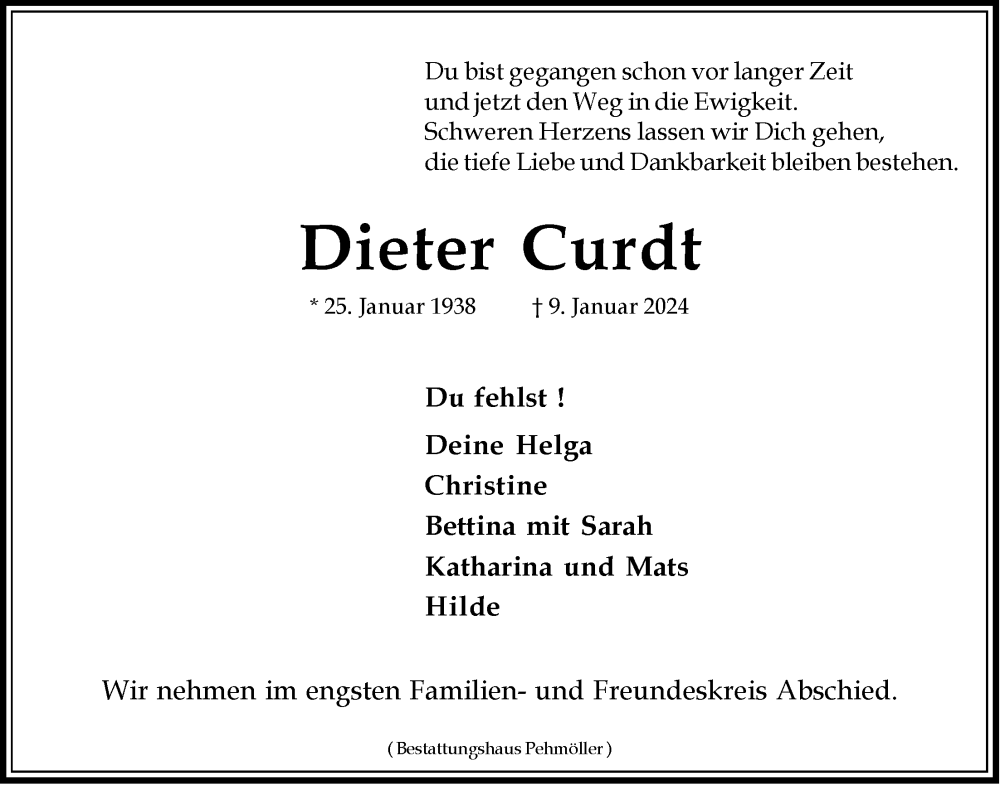  Traueranzeige für Dieter Curdt vom 20.01.2024 aus LZ