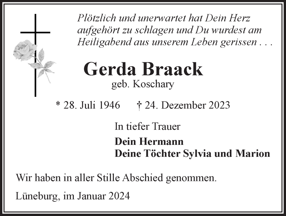  Traueranzeige für Gerda Braack vom 27.01.2024 aus LZ