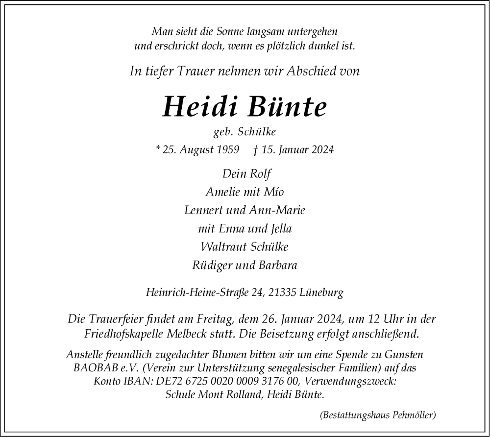  Traueranzeige für Heidi Bünte vom 20.01.2024 aus LZ