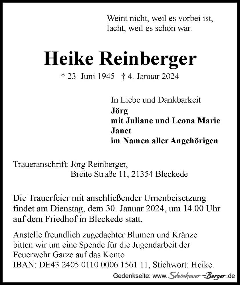  Traueranzeige für Heike Reinberger vom 13.01.2024 aus LZ
