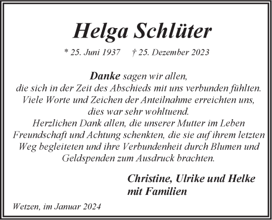 Anzeige von Helga Schlüter von LZ