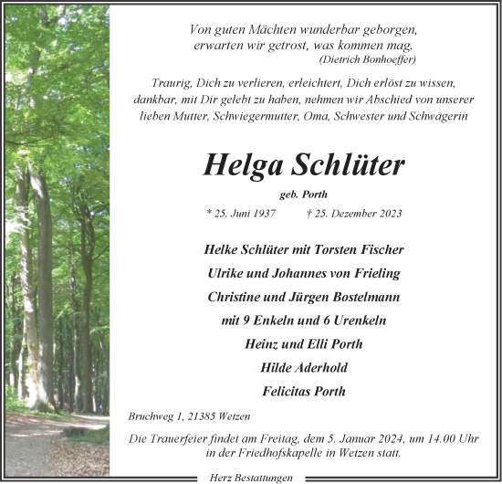 Anzeige von Helga Schlüter von LZ