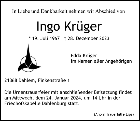 Anzeige von Ingo Krüger von LZ