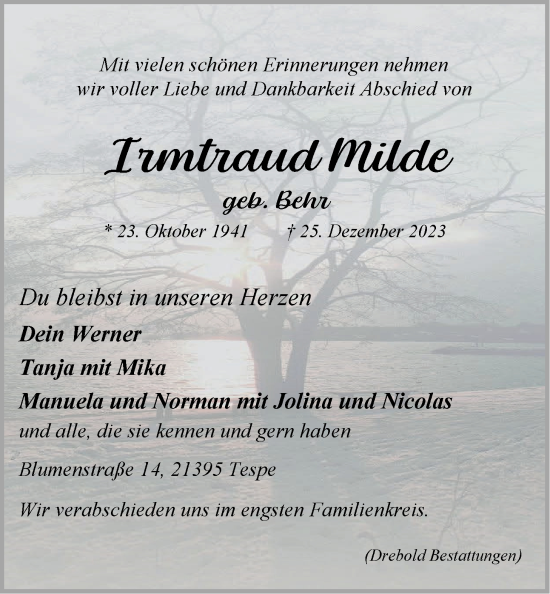 Anzeige von Irmtraud Milde von LZ