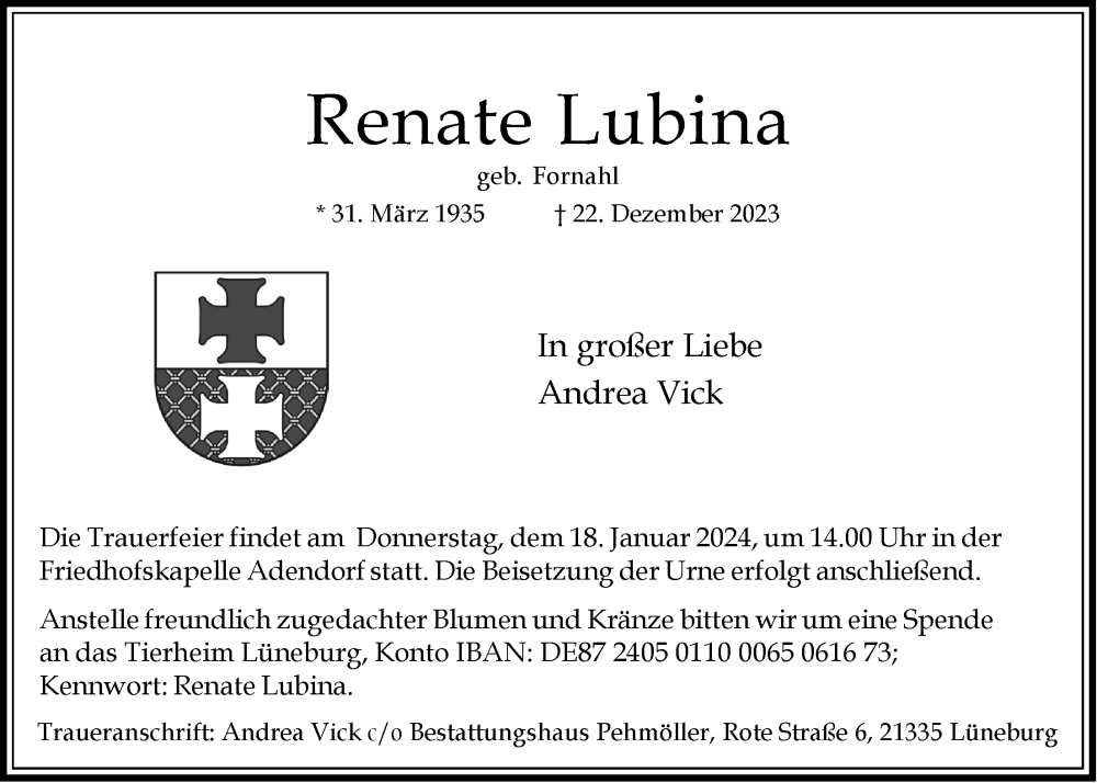  Traueranzeige für Renate Lubina vom 13.01.2024 aus LZ