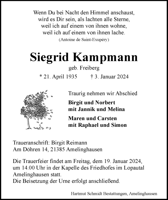 Anzeige von Siegrid Kampmann von LZ