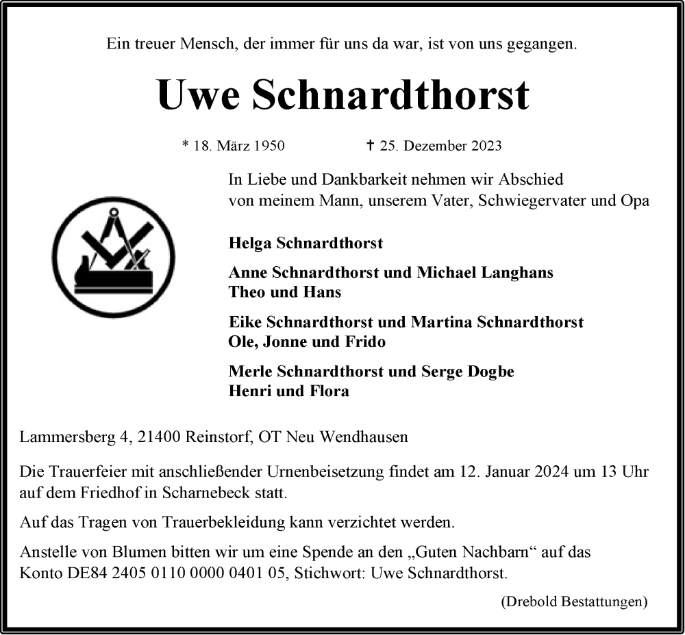  Traueranzeige für Uwe Schnardthorst vom 06.01.2024 aus LZ