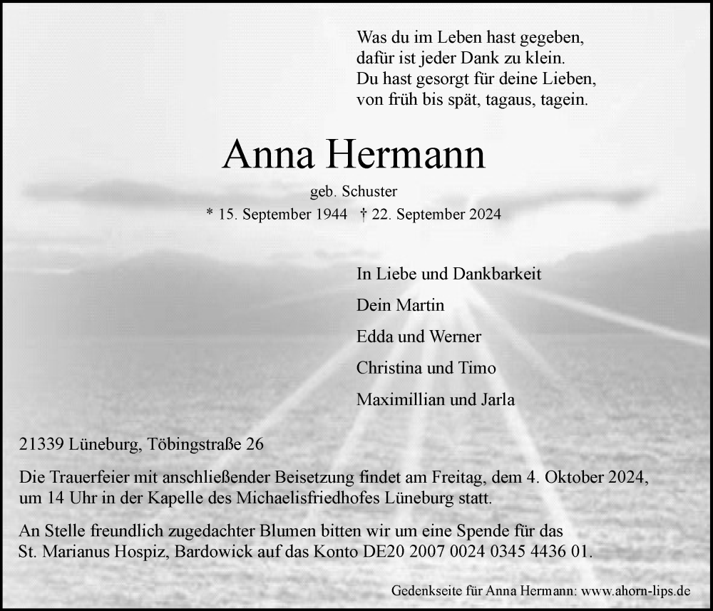  Traueranzeige für Anna Hermann vom 01.10.2024 aus LZ