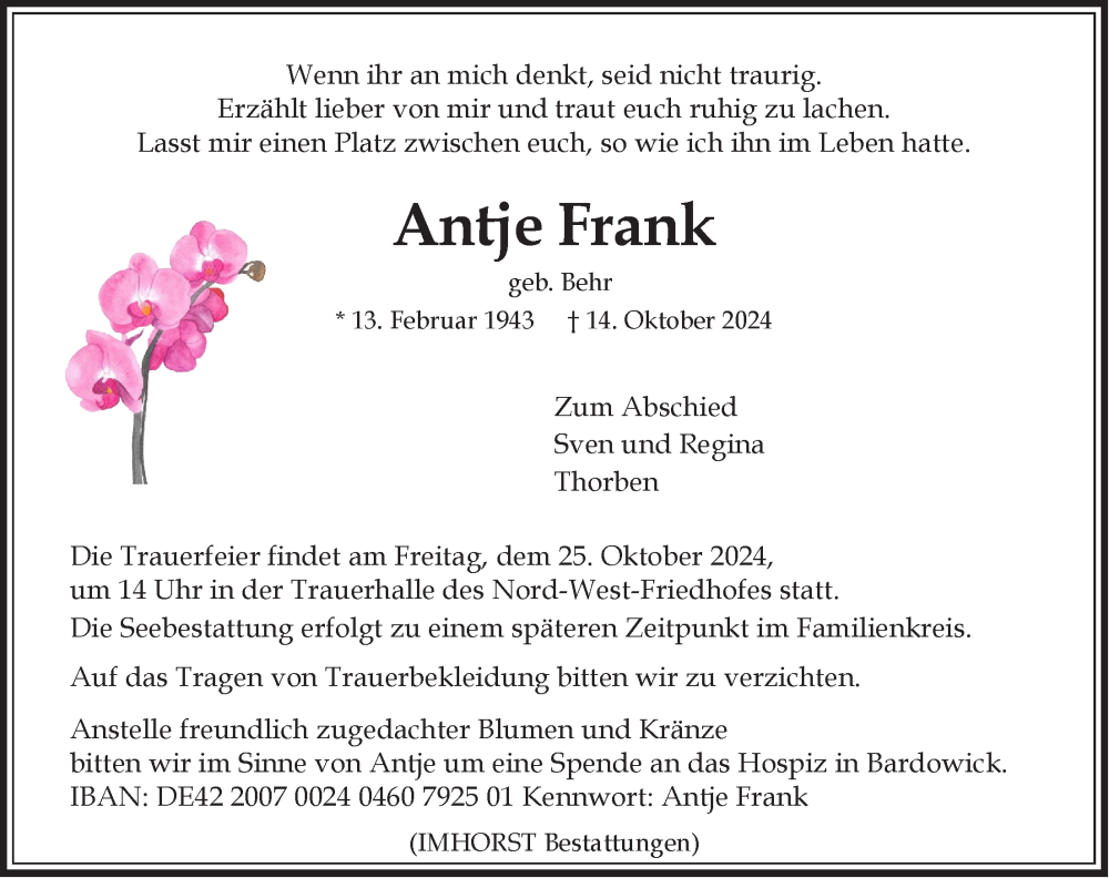  Traueranzeige für Antje Frank vom 19.10.2024 aus LZ