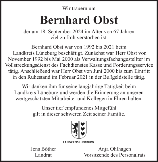 Anzeige von Bernhard Obst von LZ