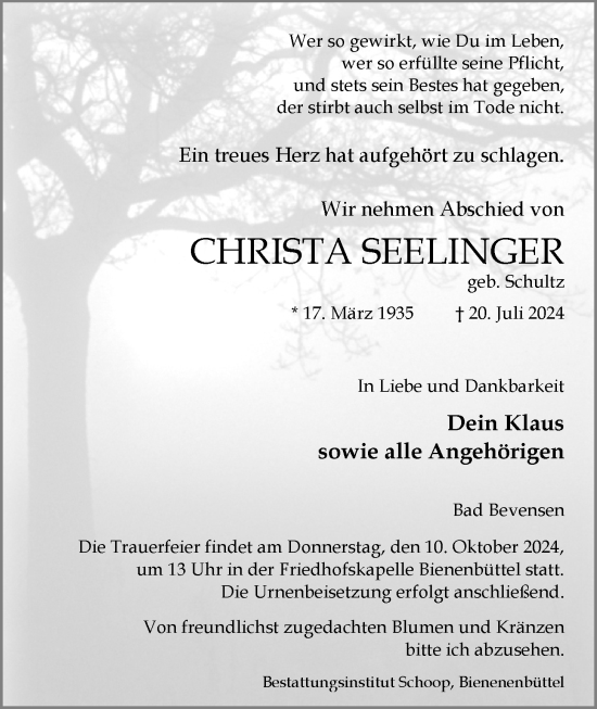 Anzeige von Christa Seelinger von LZ
