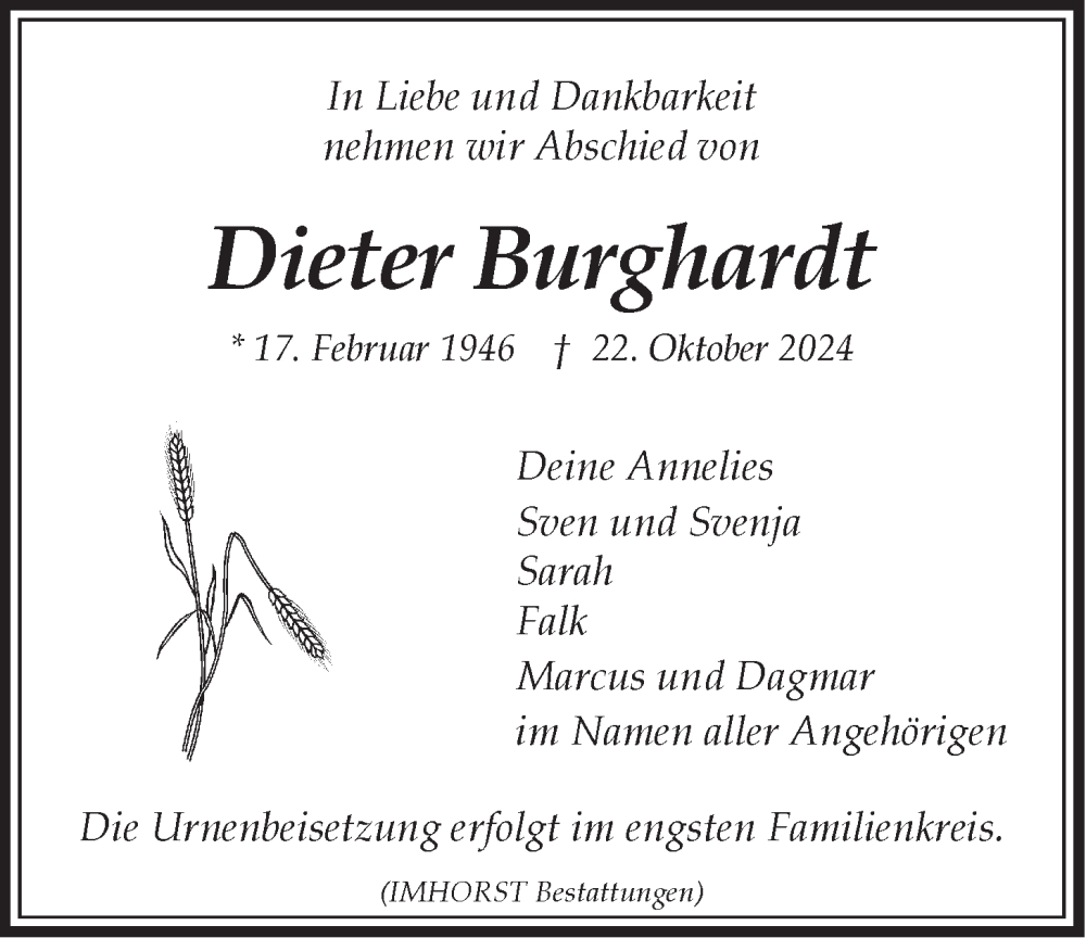  Traueranzeige für Dieter Burghardt vom 26.10.2024 aus LZ