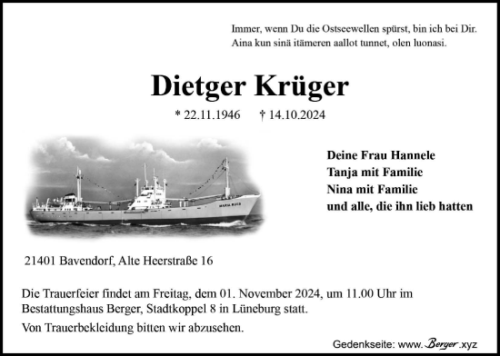 Anzeige von Dietger Krüger von LZ