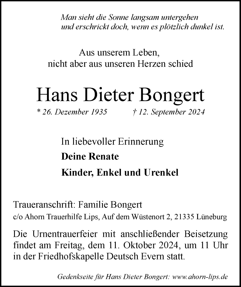  Traueranzeige für Hans Dieter Bongert vom 05.10.2024 aus LZ