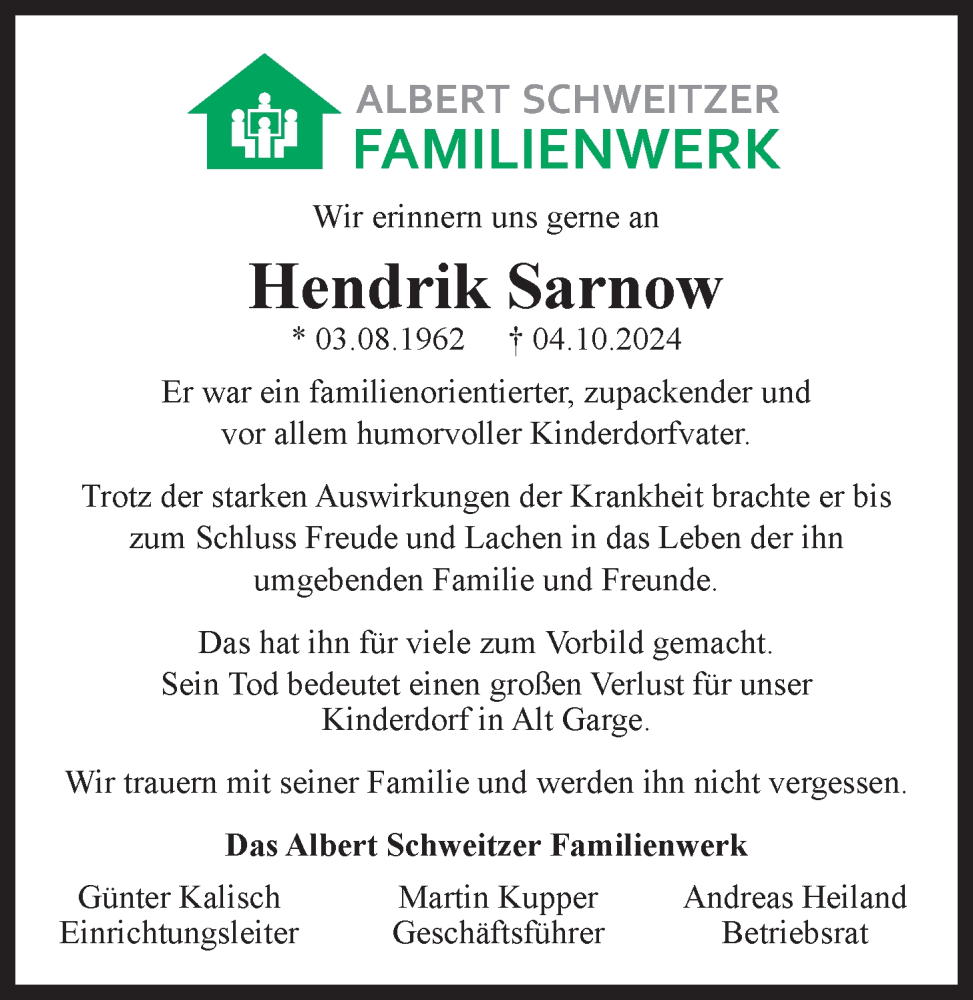  Traueranzeige für Hendrik Sarnow vom 19.10.2024 aus LZ