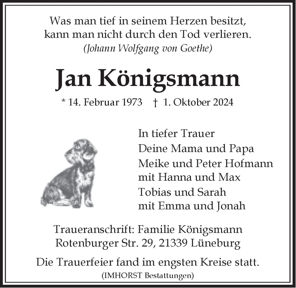  Traueranzeige für Jan Königsmann vom 12.10.2024 aus LZ