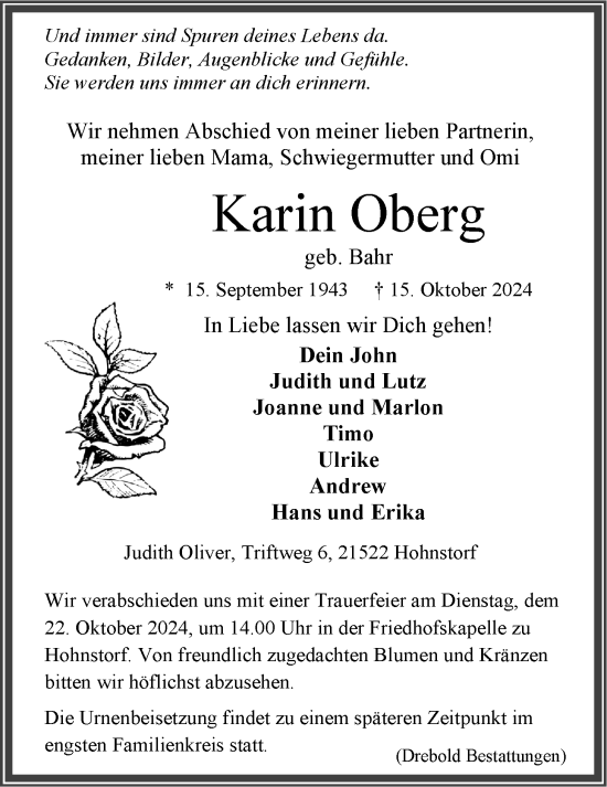 Anzeige von Karin Oberg von LZ