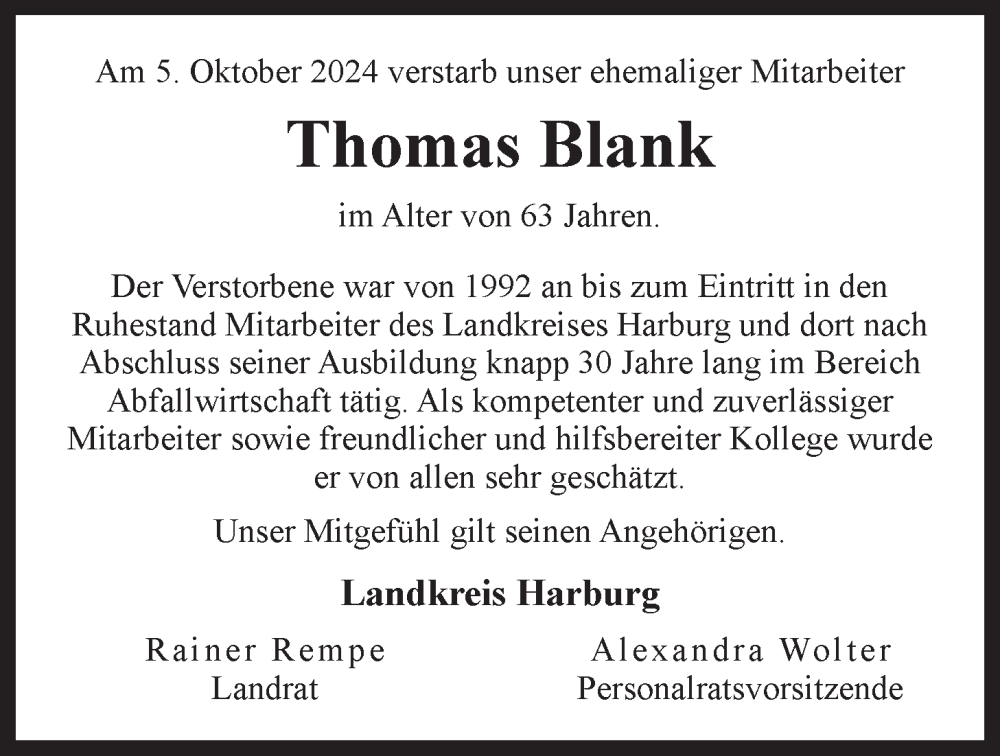  Traueranzeige für Thomas Blank vom 12.10.2024 aus LZ
