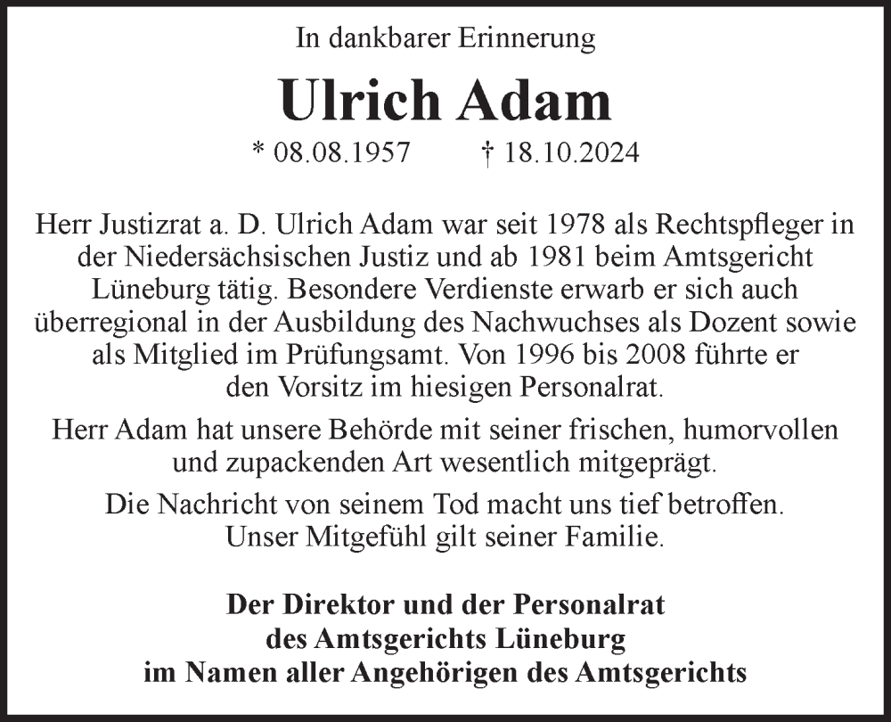  Traueranzeige für Ulrich Adam vom 26.10.2024 aus LZ