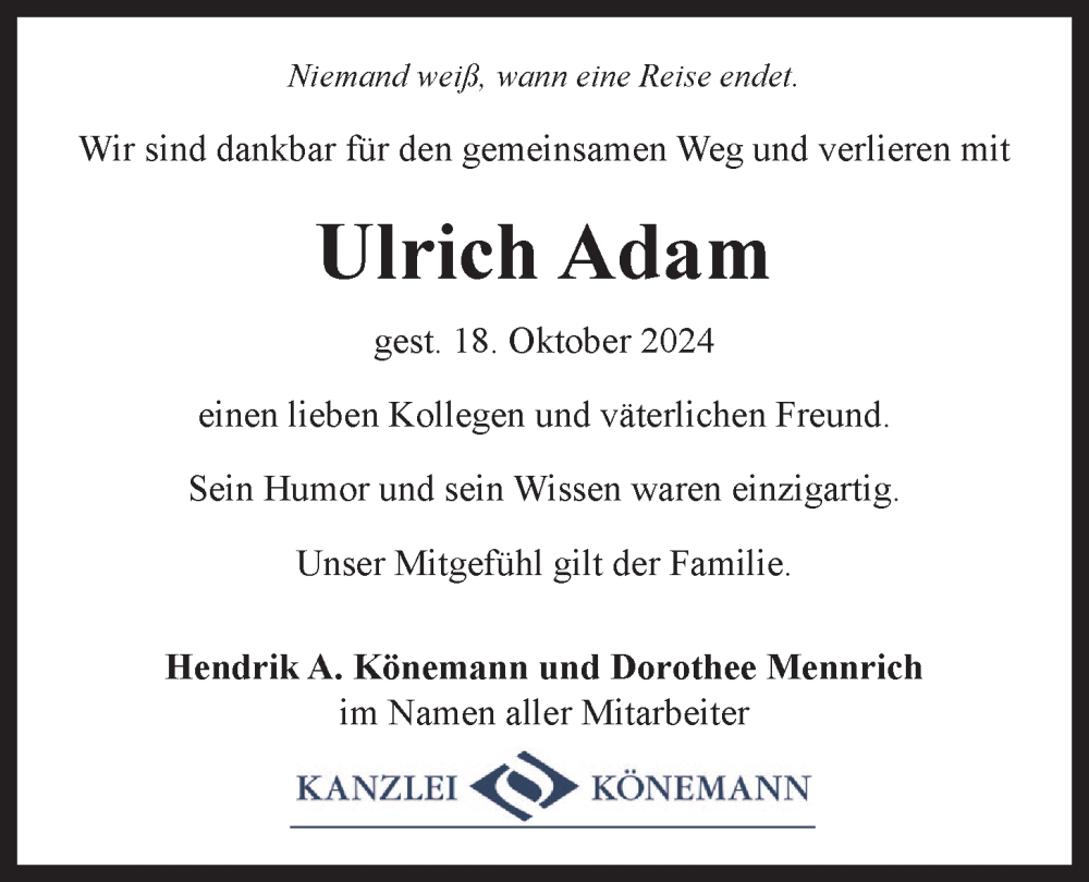  Traueranzeige für Ulrich Adam vom 26.10.2024 aus LZ