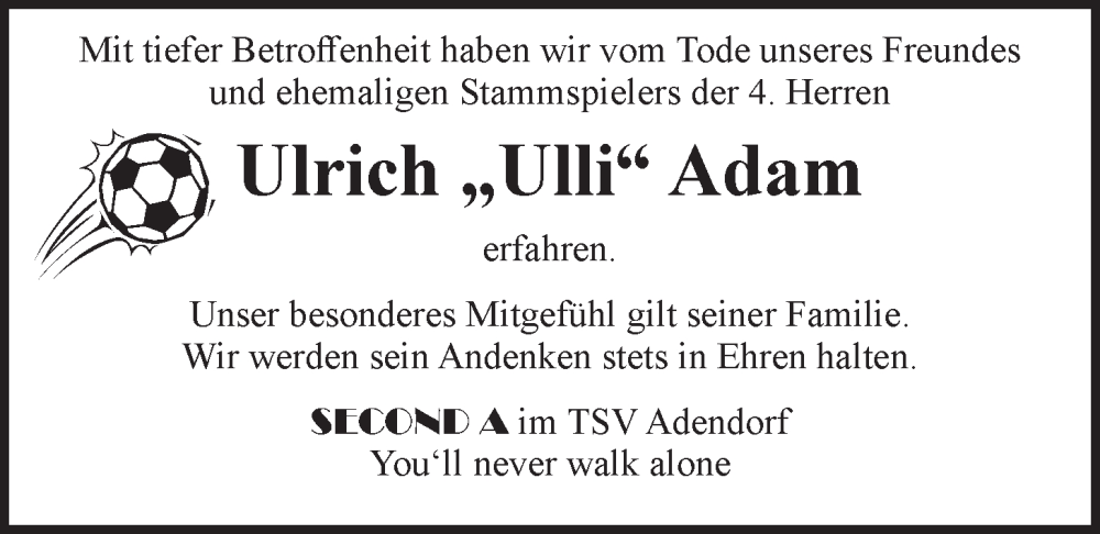  Traueranzeige für Ulrich Adam vom 26.10.2024 aus LZ