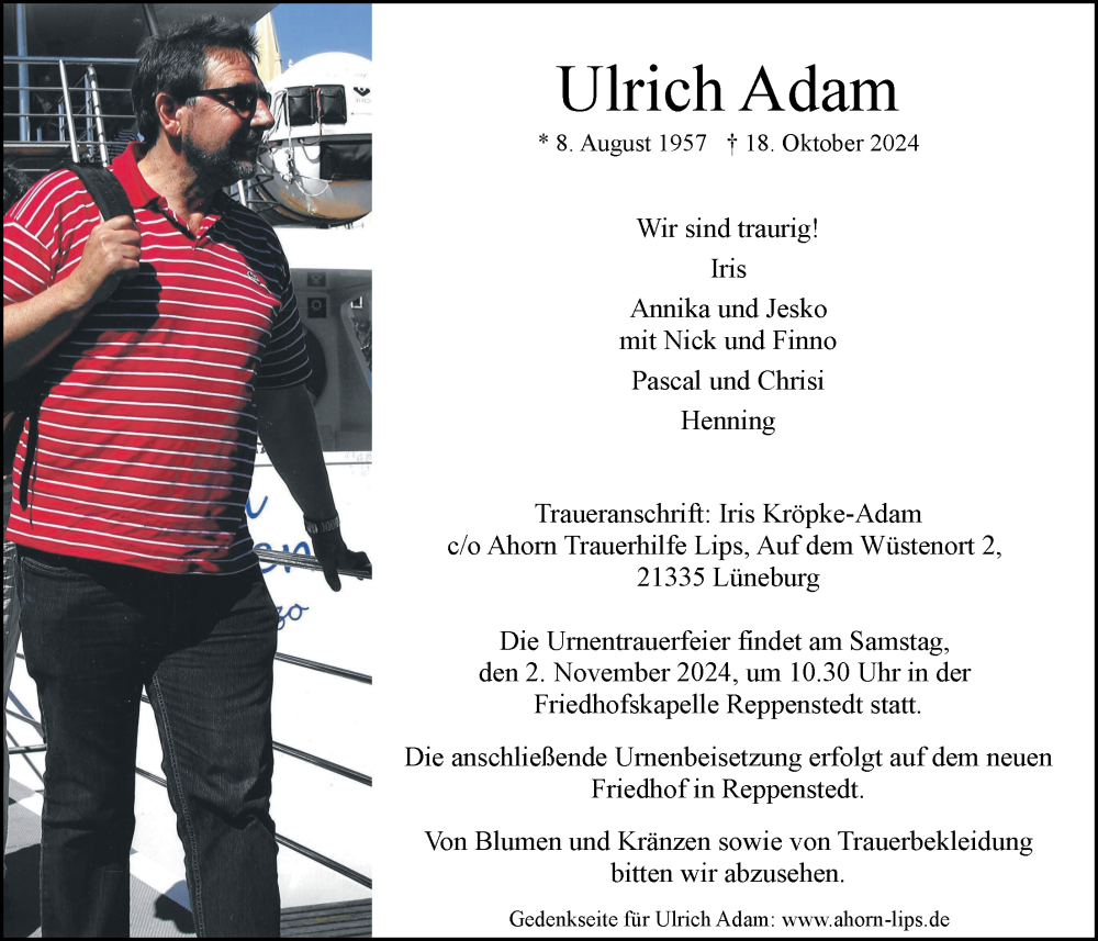  Traueranzeige für Ulrich Adam vom 26.10.2024 aus LZ