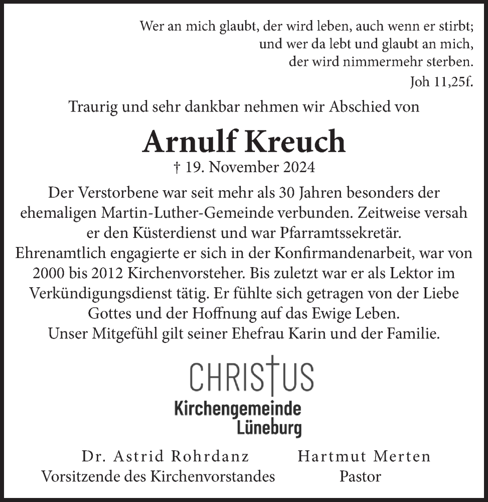  Traueranzeige für Arnulf Kreuch vom 27.11.2024 aus LZ