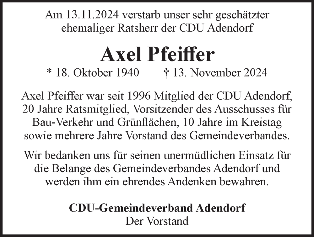  Traueranzeige für Axel Pfeiffer vom 26.11.2024 aus LZ
