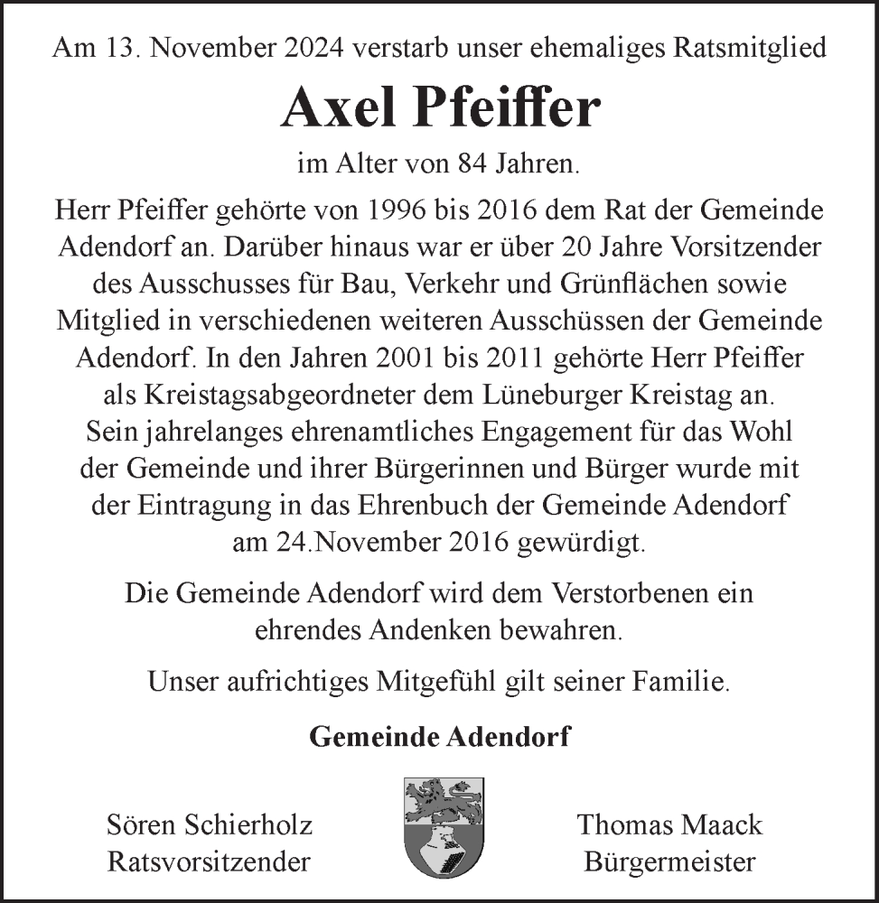  Traueranzeige für Axel Pfeiffer vom 23.11.2024 aus LZ