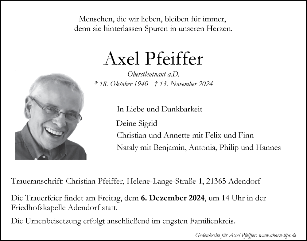  Traueranzeige für Axel Pfeiffer vom 23.11.2024 aus LZ