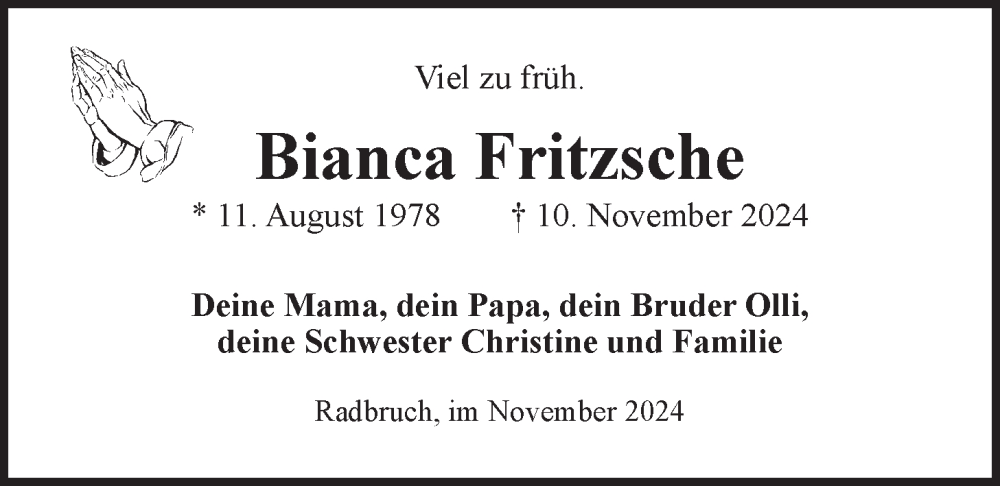  Traueranzeige für Bianca Fritzsche vom 22.11.2024 aus LZ