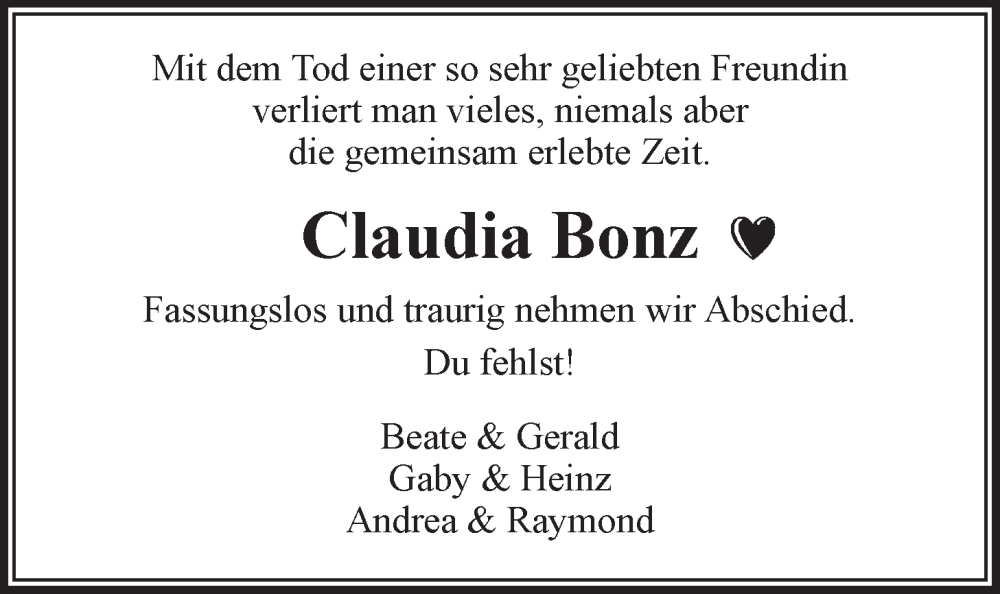 Traueranzeige für Claudia Bonz vom 23.11.2024 aus LZ