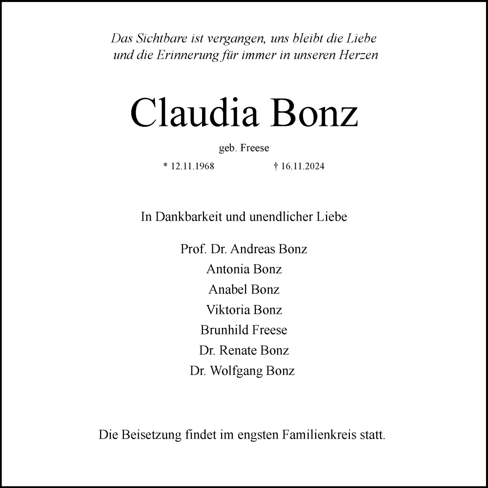  Traueranzeige für Claudia Bonz vom 23.11.2024 aus LZ