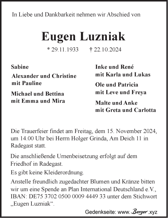 Anzeige von Eugen Luzniak von LZ