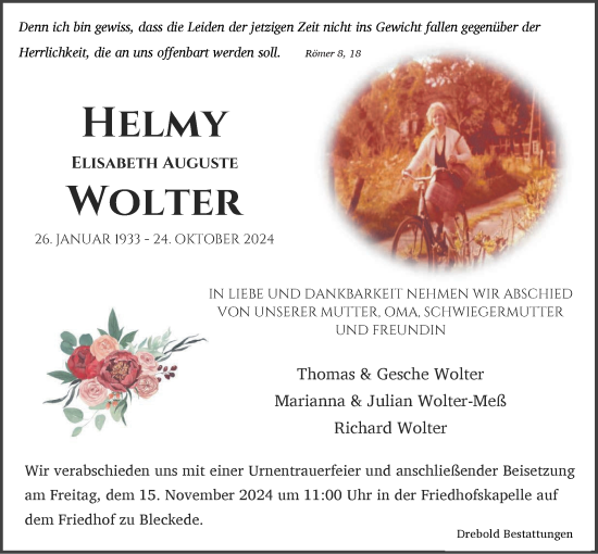 Anzeige von Helmy Elisabeth Auguste Wolter von LZ