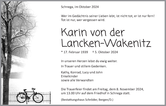 Anzeige von Karin von der Lancken-Wakenitz von LZ