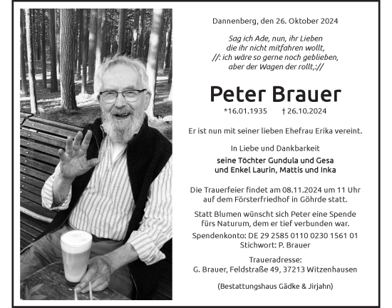 Anzeige von Peter Brauer von LZ