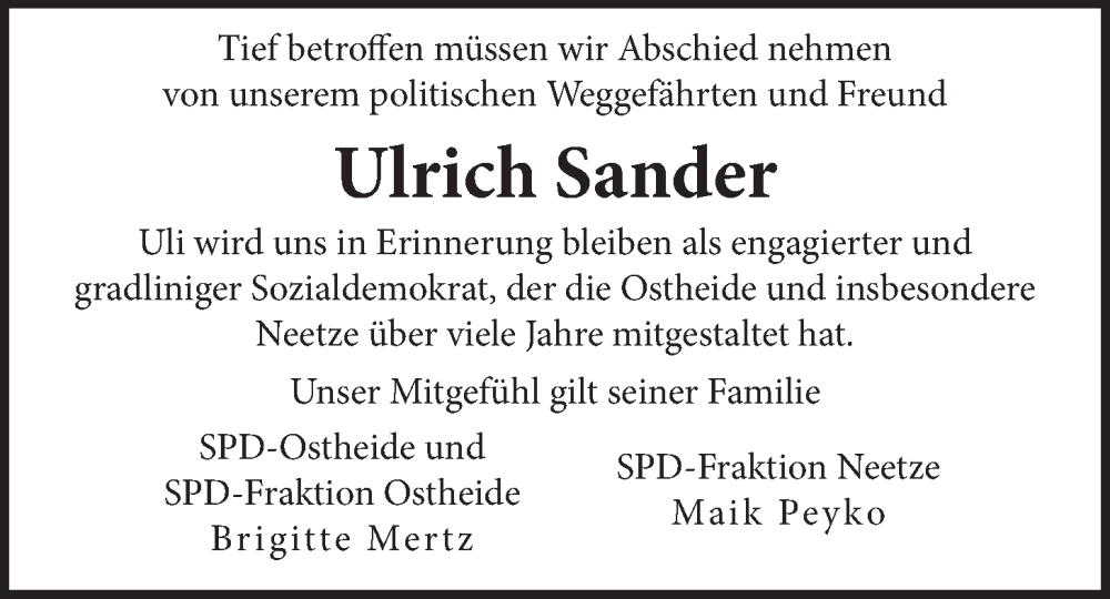  Traueranzeige für Ulrich Sander vom 16.11.2024 aus LZ
