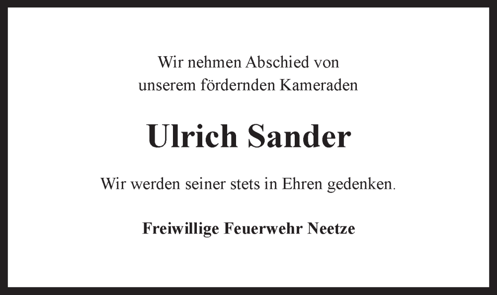  Traueranzeige für Ulrich Sander vom 16.11.2024 aus LZ