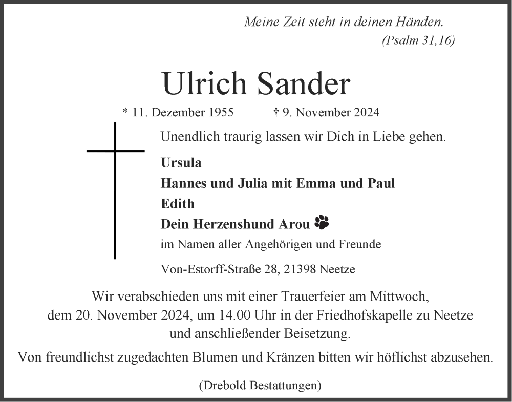  Traueranzeige für Ulrich Sander vom 16.11.2024 aus LZ