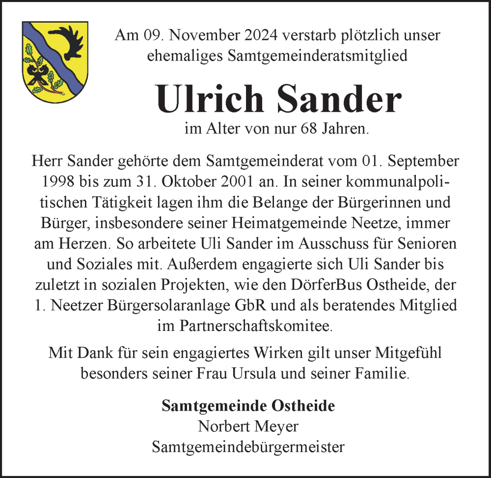  Traueranzeige für Ulrich Sander vom 16.11.2024 aus LZ