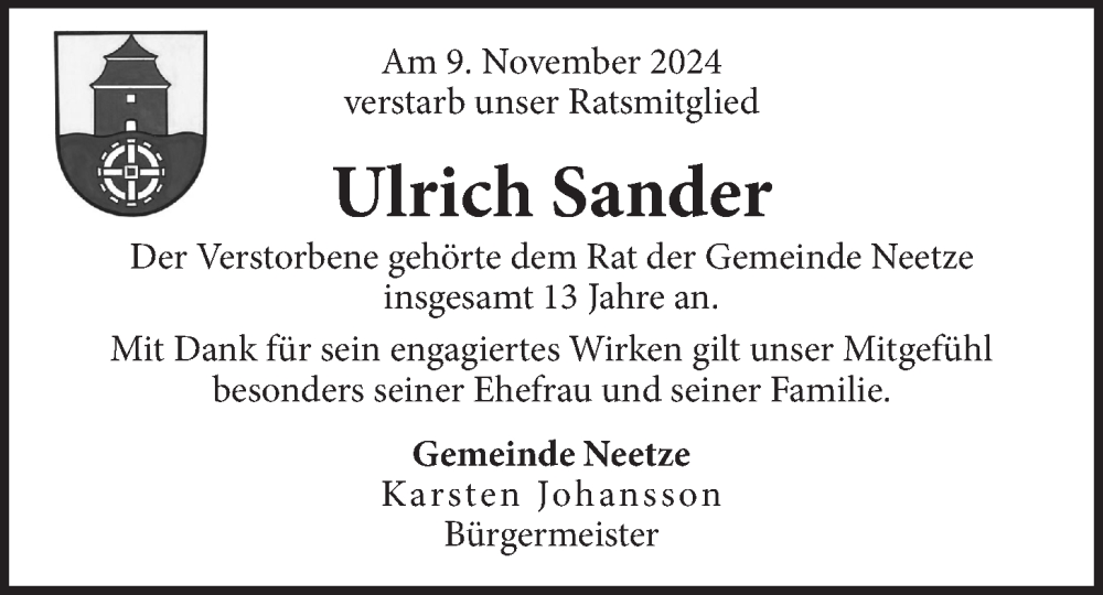  Traueranzeige für Ulrich Sander vom 16.11.2024 aus LZ