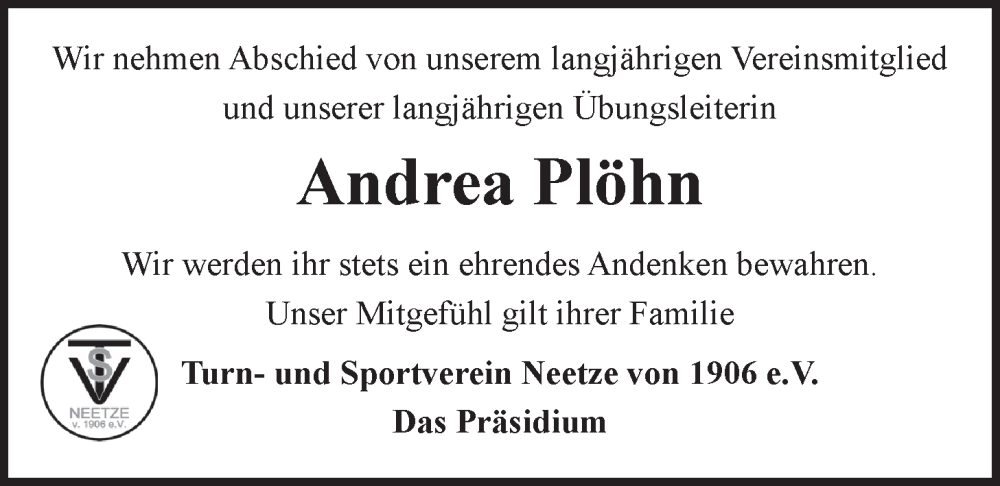  Traueranzeige für Andrea Plöhn vom 14.12.2024 aus LZ