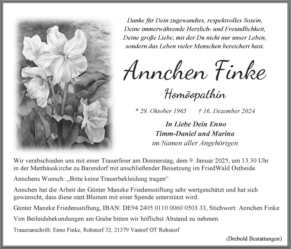  Traueranzeige für Annchen Finke vom 28.12.2024 aus LZ