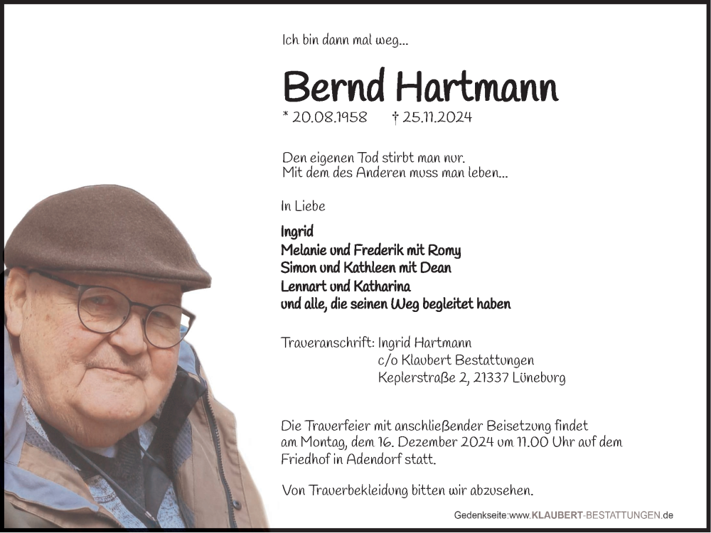  Traueranzeige für Bernd Hartmann vom 30.11.2024 aus LZ