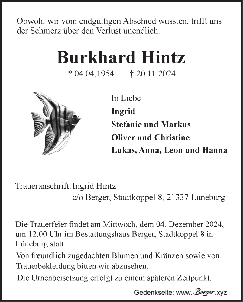  Traueranzeige für Burkhard Hintz vom 30.11.2024 aus LZ